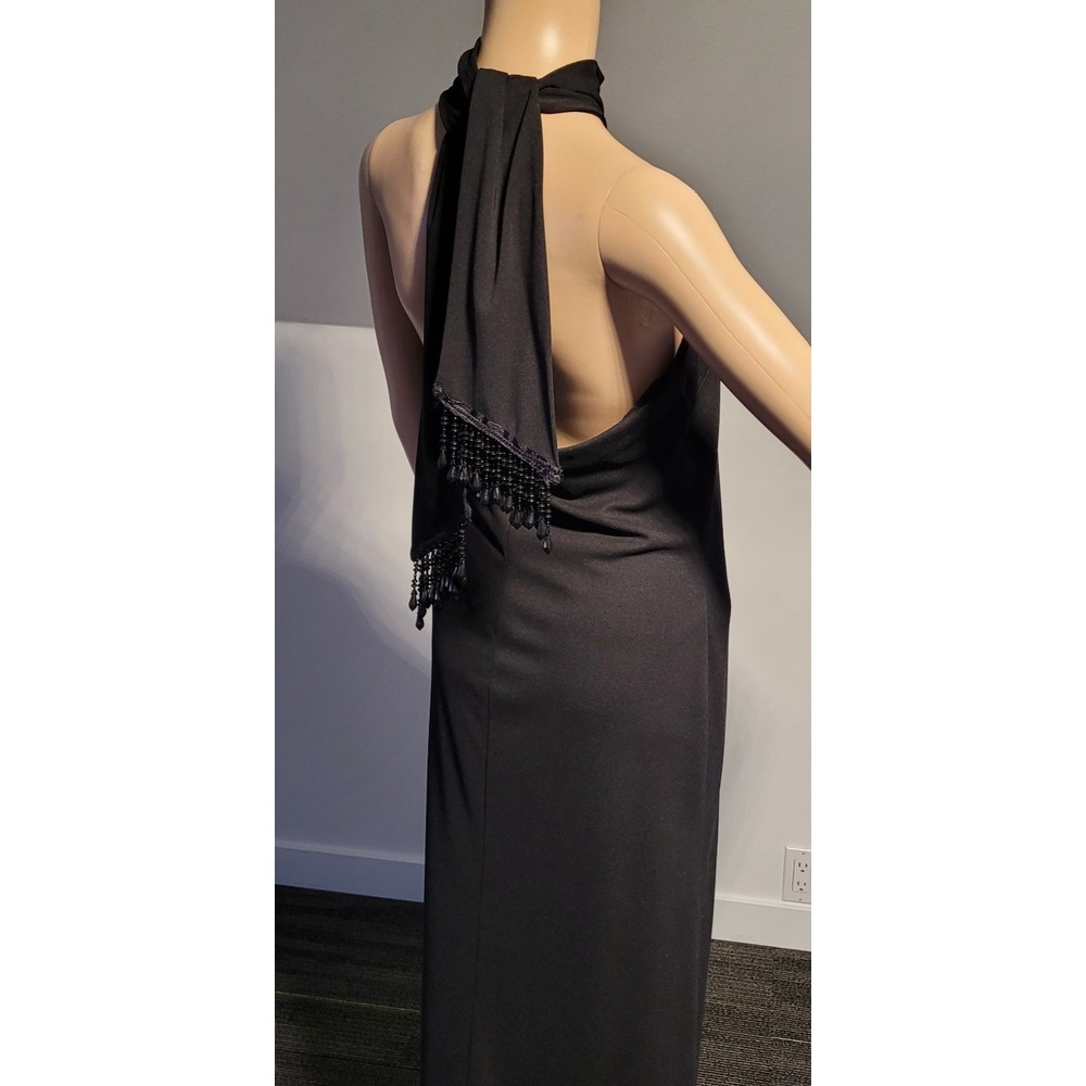 Scene Ladies Black Elegant Long Dress Size 7/8 With Beading Accent and V Hem - Picture 7 of 9